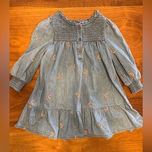 Mini Boden Blue Denim Dress with Rainbow Embroidery, size 2-3y